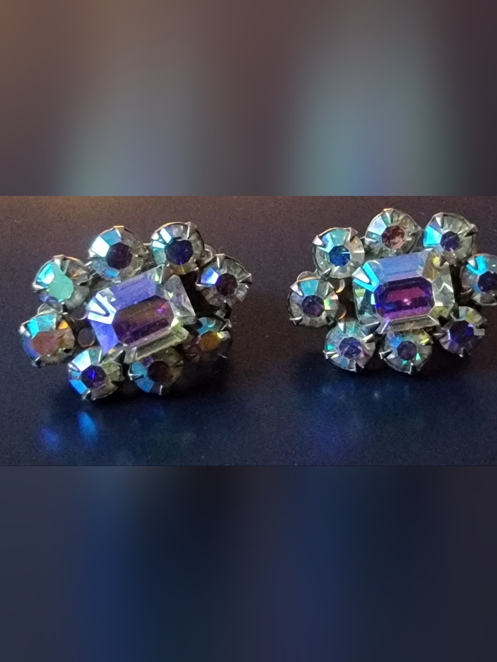 Vintahge Signed Albert Weiss Aurora Crystal Cluster Clip On in Blue-Green-Purple